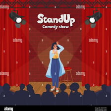 A comedian speaking humorously to an audience.