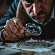 A person examines an object with a focused gaze.