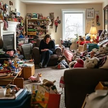 Objects distributed across many parts of a room.