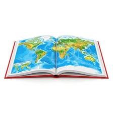 An open atlas displaying maps across its pages.