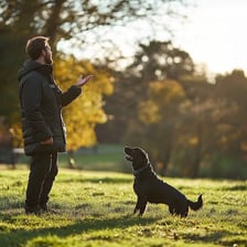 A dog moving toward a person who is calling it.