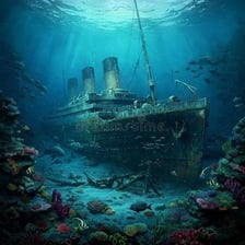A shipwreck resting in the dark depths of the ocean.