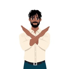 A person standing with arms crossed in a stubborn refusal.