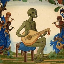 An illustration of a medieval morality play with allegorical characters