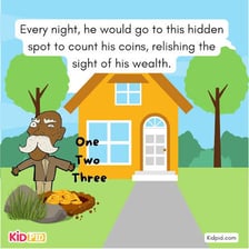 A miser carefully counting coins while avoiding spending them
