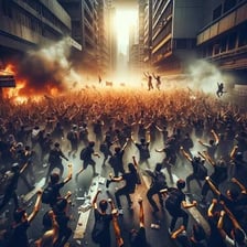 A large crowd behaving noisily and disorderly in a public gathering.