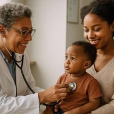 A pediatrician examining a child during a medical visit.