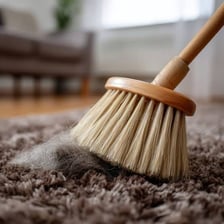 A broom sweeping a small pile of dirt from a floor.
