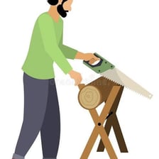 A person cutting a log with a handsaw.