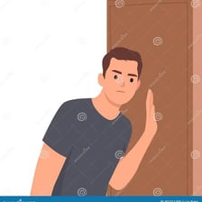 A person covertly listening from behind a closed door.