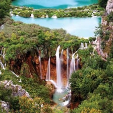 Waterfalls and turquoise lakes in Plitvice Lakes National Park, Croatia.