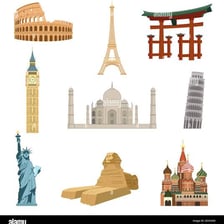 The Taj Mahal and Eiffel Tower shown as recognizable architectural landmarks