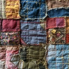 A close-up of a colorful fabric patch sewn into a quilt.
