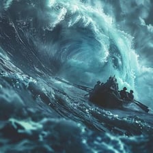 A large wave surrounds a small boat.