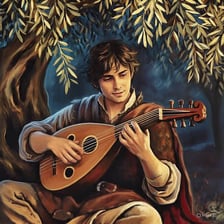 A medieval bard reciting poetry while playing a lute