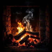 Warm light cast by a fire burning in a hearth