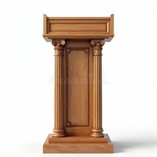 A raised speaking platform with a lectern in front of an audience.