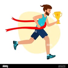A person celebrating after reaching a goal at a finish line.