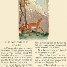An illustration of the fox and grapes, a fable that conveys a moral.