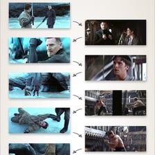 A film-editing montage represented by several related movie scenes.