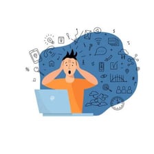 An illustration of a person surrounded by an excessive amount of information on screens.