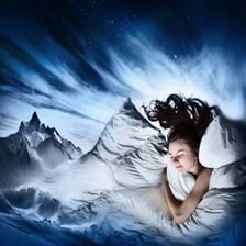 A sleeping person depicted with a surreal dreamlike scene