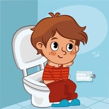 A young child learning to use a toilet with an adult nearby.