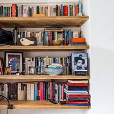 Wooden bookshelves holding rows of books