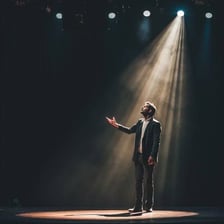 A person appearing on a stage under a spotlight.