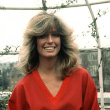 Farrah Fawcett wearing her recognizable feathered hairstyle