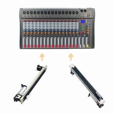 Close-up of a mixing console with vertical sliding fader controls