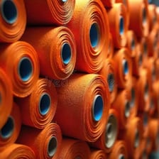 Rolls of woven fabric showing different textile patterns and materials.
