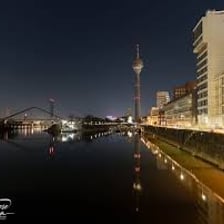 The Düsseldorf skyline along the Rhine River in Germany.