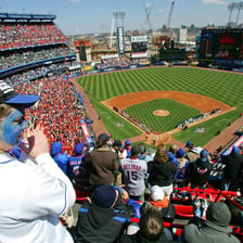 The New York Mets playing a baseball game at Shea Stadium.