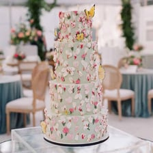 A traditional wedding cake with several stacked tiers