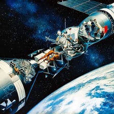 Two spacecraft joined together while orbiting Earth