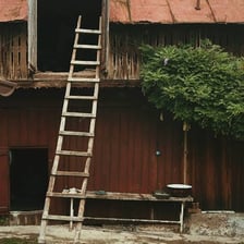 A wooden ladder leaning against a house for climbing upward.