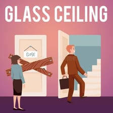 A workplace scene symbolizing an invisible glass ceiling blocking career advancement