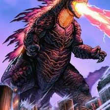 Godzilla depicted as a giant movie monster