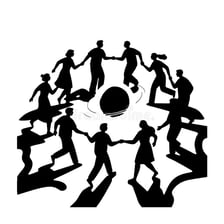 People arranged in a circle around a central object.