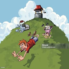 Illustration of Jack and Jill climbing a hill in the nursery rhyme
