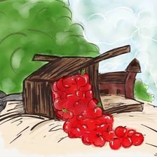 An apple cart shown tipped over with apples spilling out.