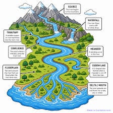 A diagram showing a smaller tributary flowing into a larger main river