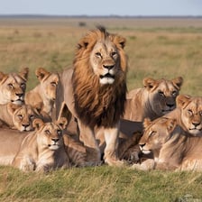 Several African lions resting together in a savanna pride.