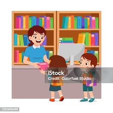 A person receiving a book from a librarian at a library desk
