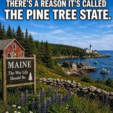 People in a Maine setting associated with the Pine Tree State.