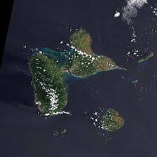 An aerial or map view of the Guadeloupe archipelago in the Caribbean