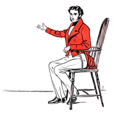 A formally dressed person sitting with a rigid, prim posture
