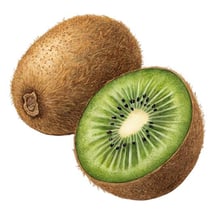 Whole and sliced kiwifruits showing their fuzzy brown skins and green interiors
