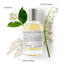 A perfume bottle displayed with musk fragrance ingredients